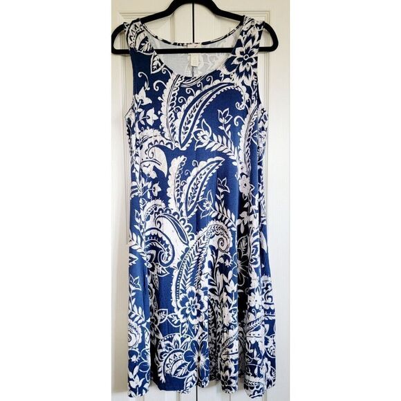 Chico’s 1 Blue/White Floral Paisley Sleeveless Stretch Tank Dress Medium 8/10 - Picture 1 of 7